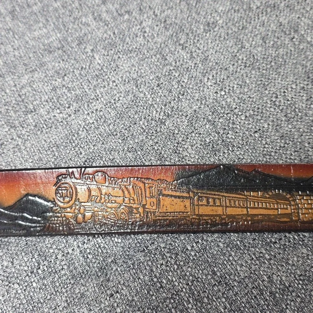 Vtg Train Western Tooled Leather Belt Mountain Buckle Steam Engines Tunnels